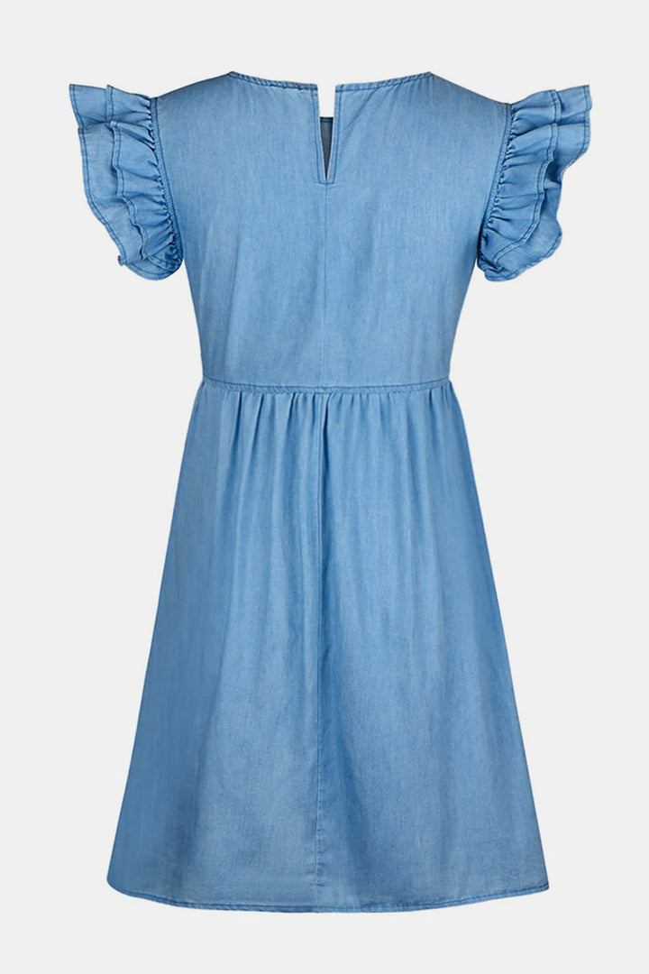 Stilla | Størrelse Ruffle Rund Hals Kappe Ærme Denim Kjole