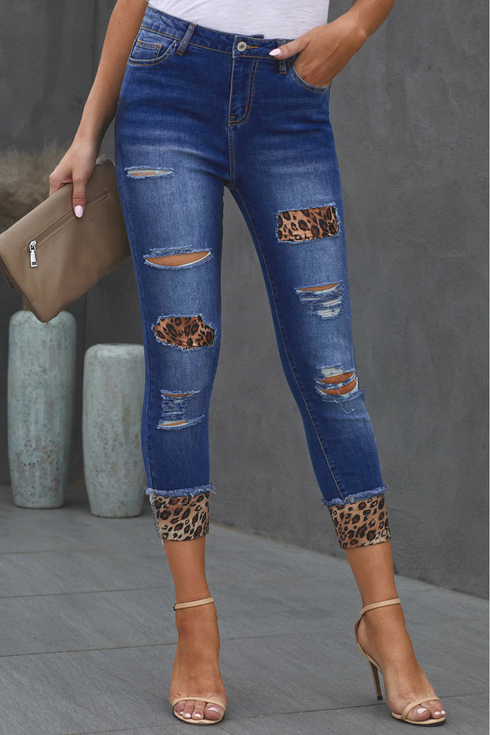 Stilla | Leopard Patch Distressed Cropped Jeans