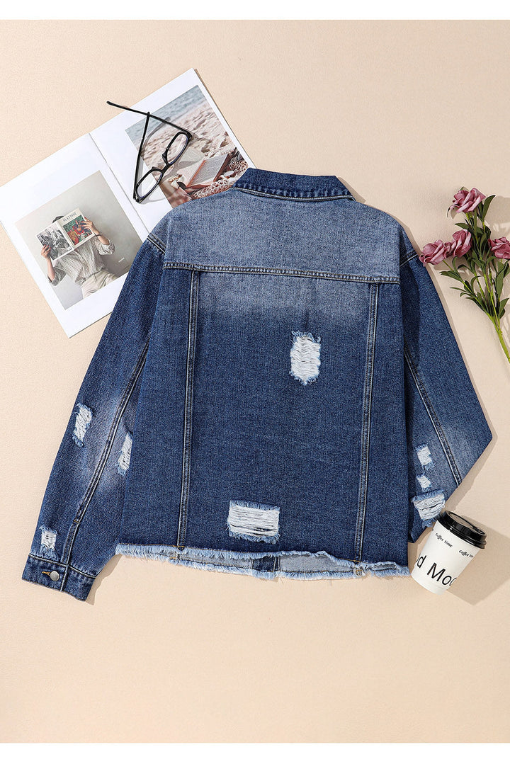 Stilla | Størrelse Distressed Button Up Raw Hem Denim Jakke
