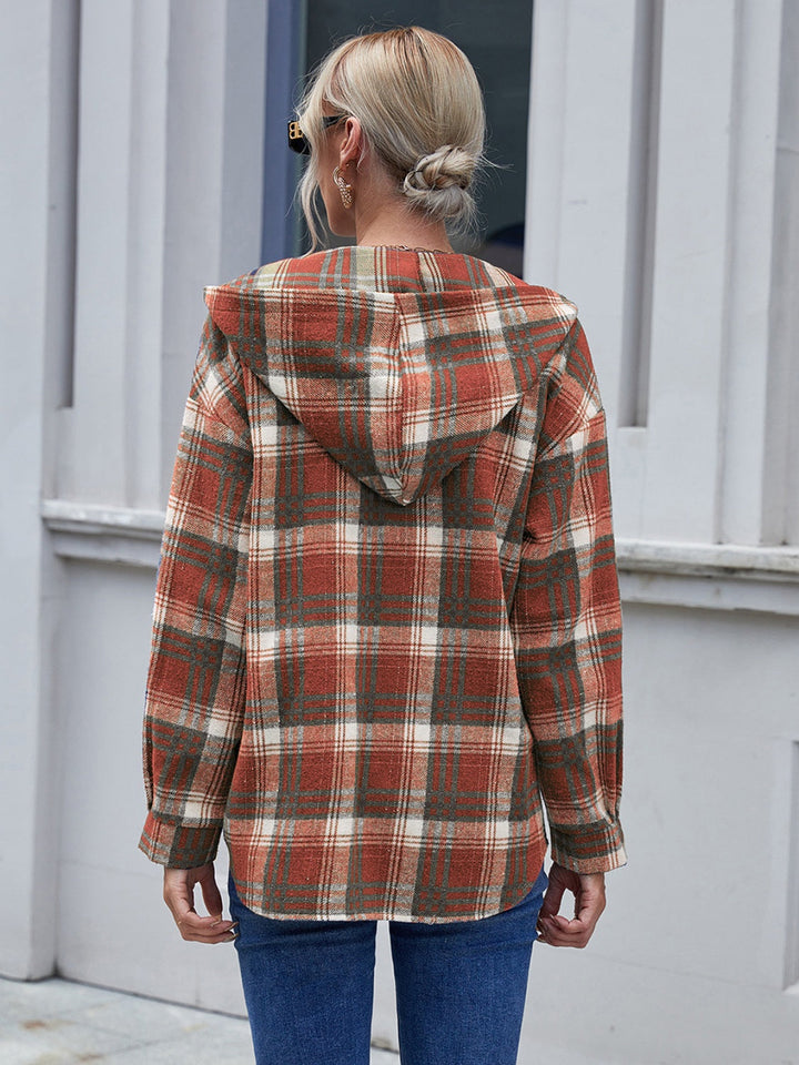 Stilla | Lane Plaid Knap-Up Langærmet Hættetrøje Jakke