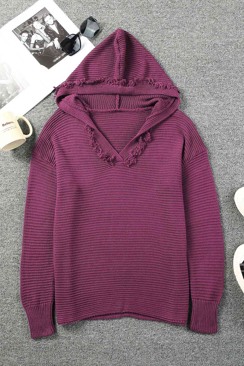Stilla | Højre Vandret Ribbet Frynse Trim Hætte Sweater