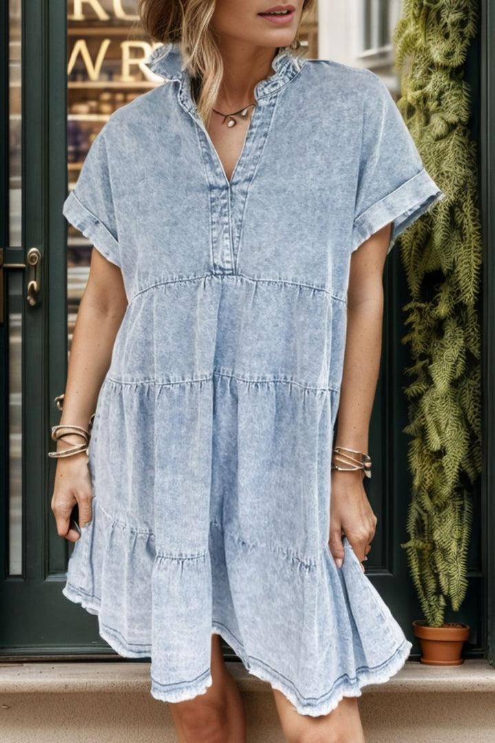 Stilla | Hem Notched Kortærmet Denim Kjole