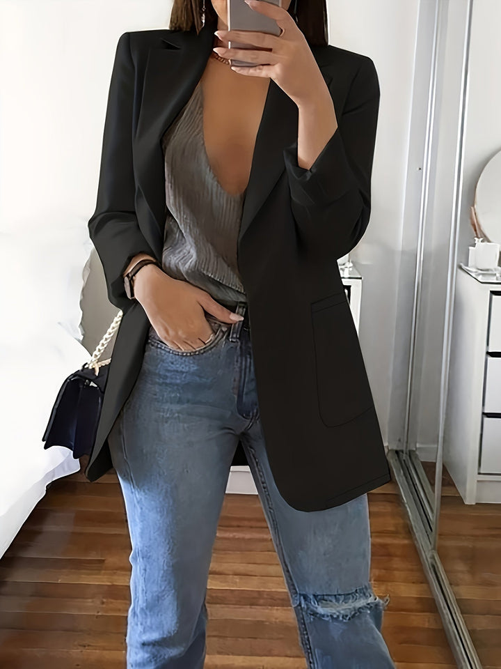 Stilla | Elegant Erhverv-Enfarvet Lang Blazer med Revers ideel til alle årstider