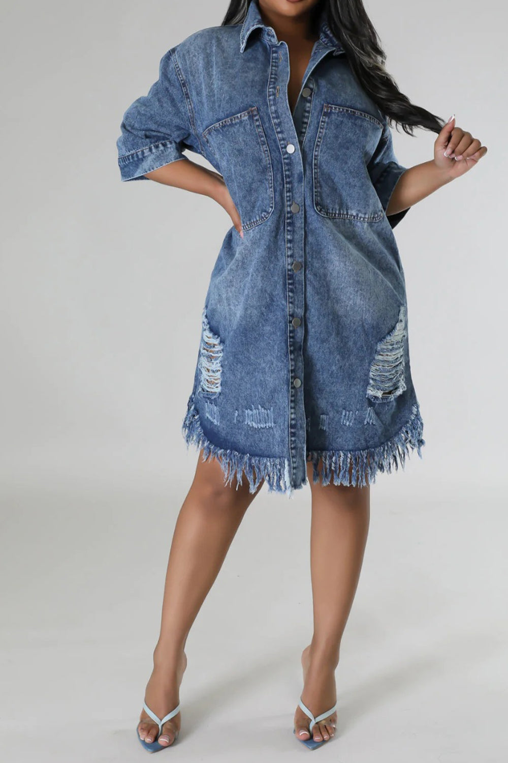 Stilla | Raw Hem Button Up Denim Kjole