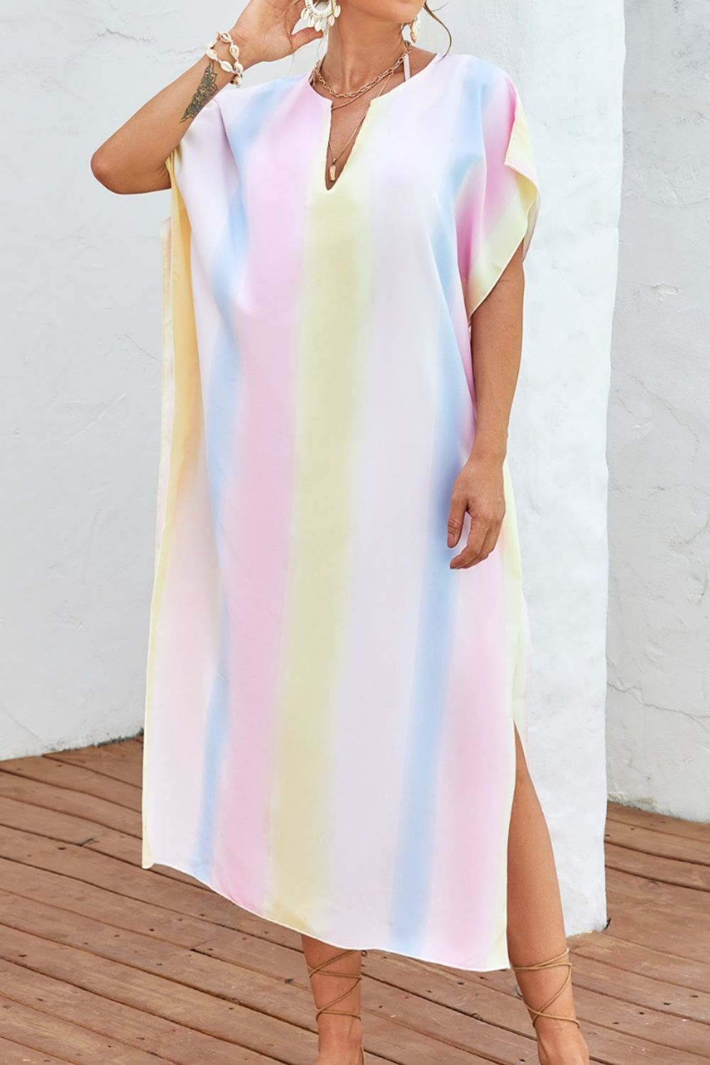Stilla | Stribet Notched Kort Ærme Cover up