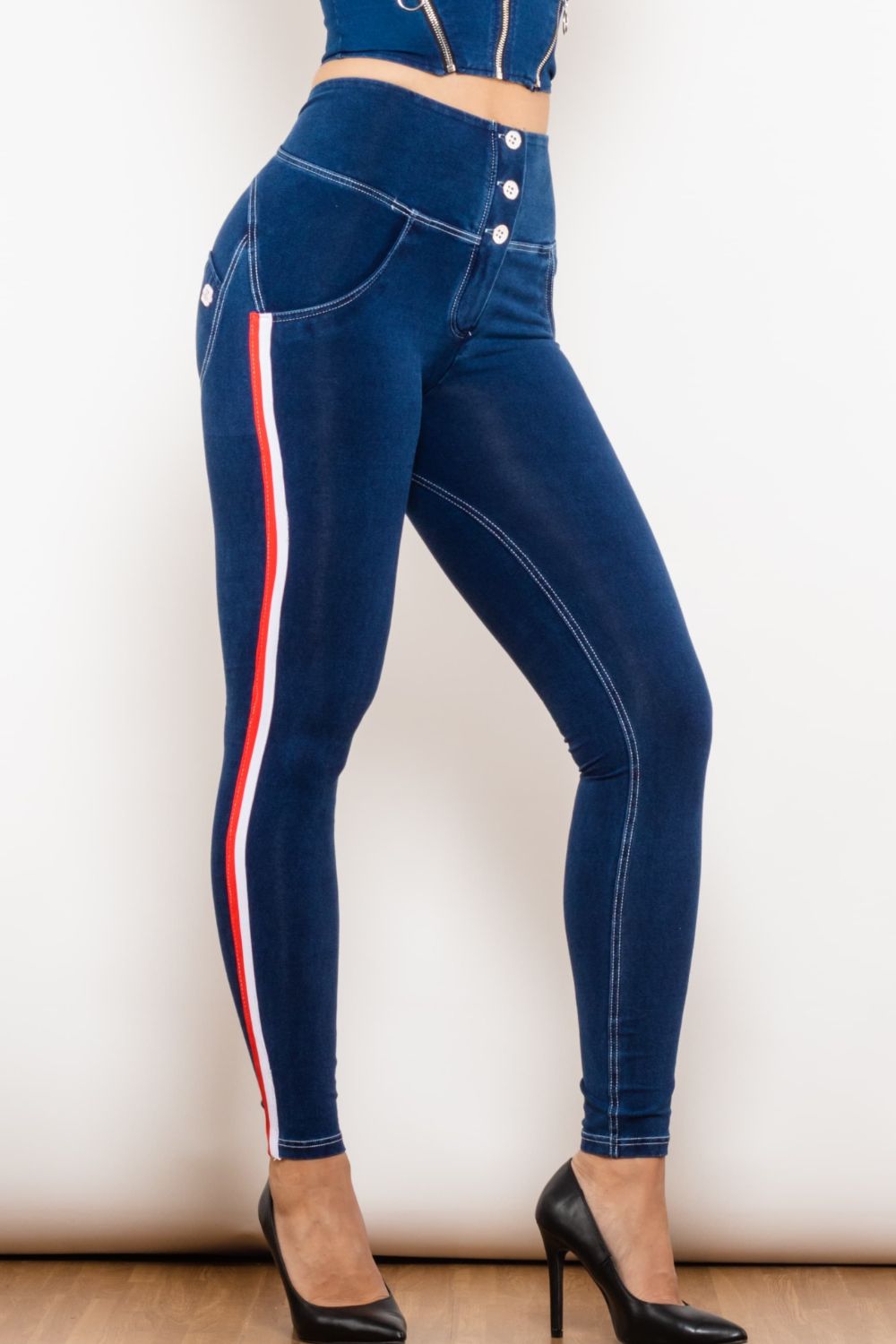 Stilla | Stribet Knappet Høj Talje Skinny Jeans