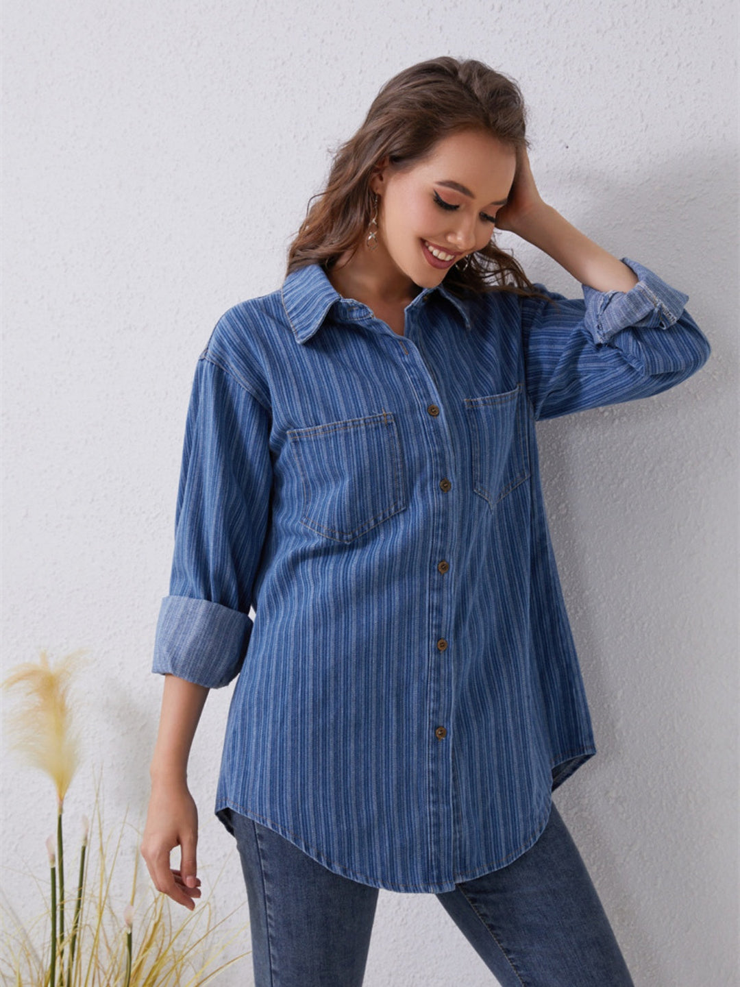 Stilla | Stribet Knappet Op Denim Skjorte