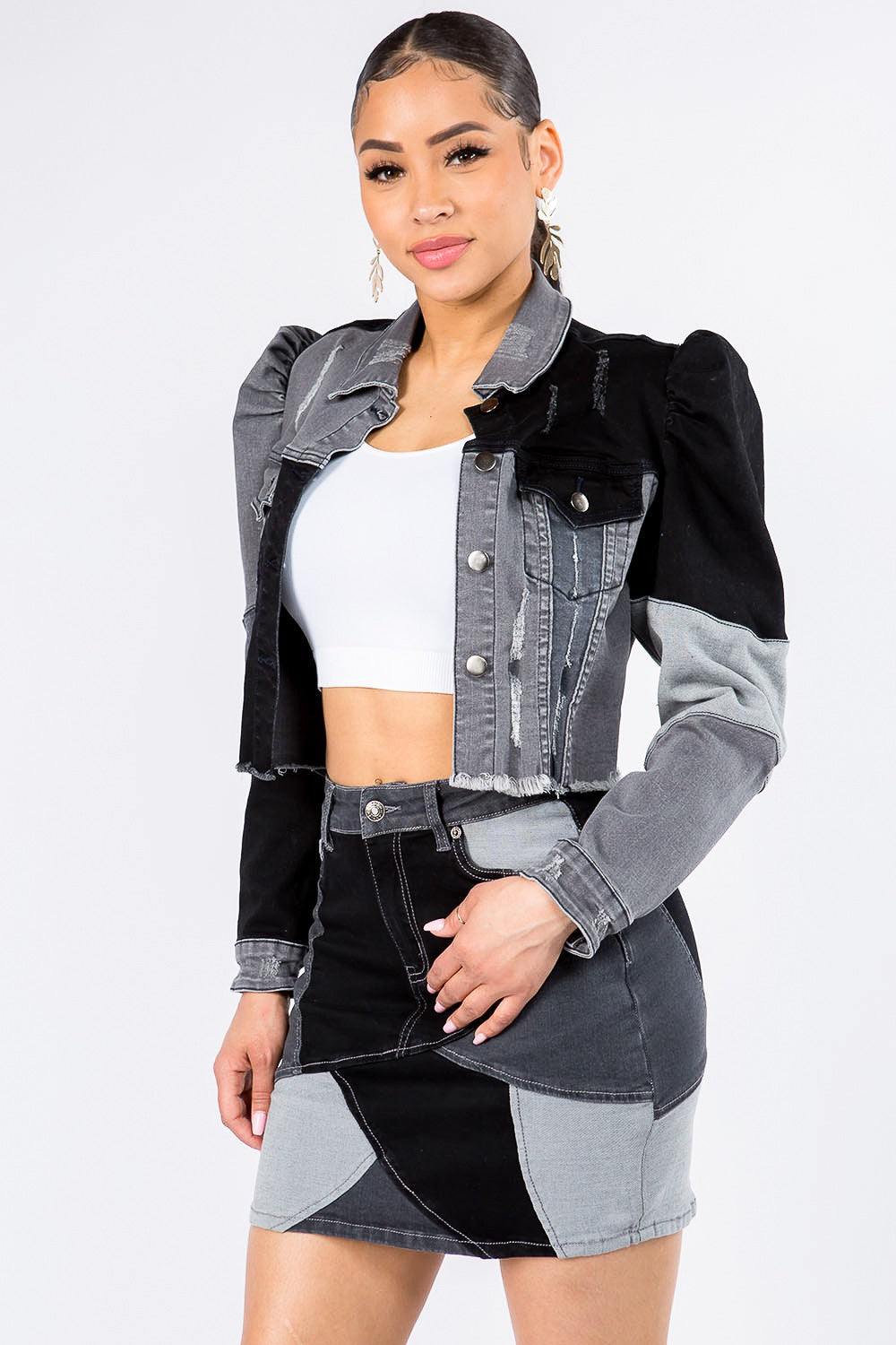 Stilla | Bazi Button Up Cropped Patchwork Denim Jakke