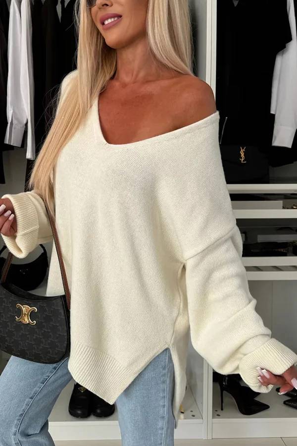 Stilla | Pullover Strikket Til Koldt Vejr, Ensfarvet, Lange Ærmer, Uregelmæssig Og Løs V-hals Pullover