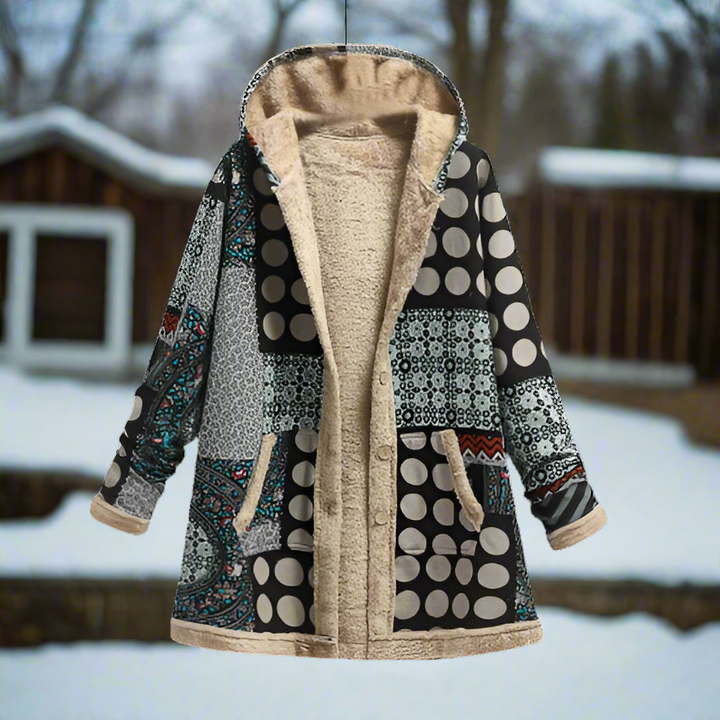Stilla | Lang Patchwork-frakke Fleece-foret Hætte & Knaplukning Casual look