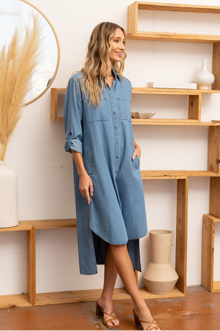 Stilla | In Love High-Low Knap-Op Rulle-Tab Ærme Denim Kjole