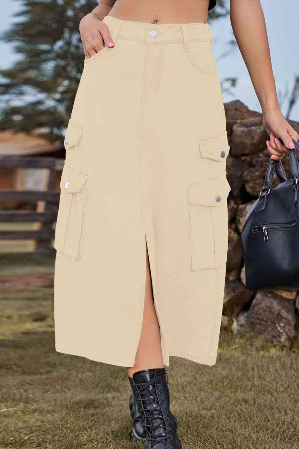 Stilla | Front Midi Denim Skirt Med Lommer