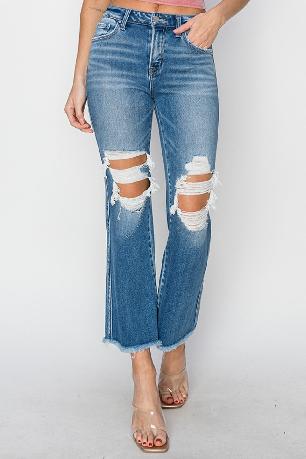 Stilla | Mid Rise Distressed Cropped Flare Jeans