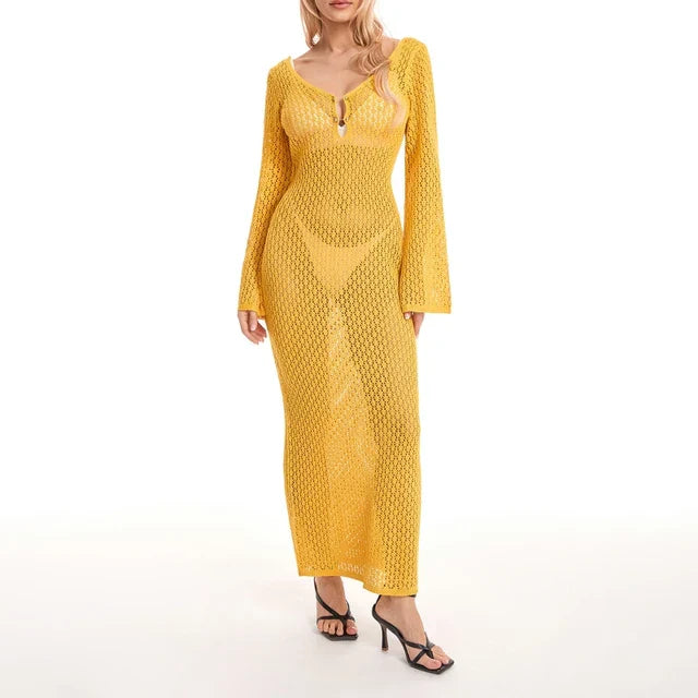 Skovae | Maxi Strikkjole Hækletekstur V-Udskæring Lange Ærmer Strømmende Boho Stil