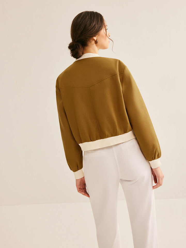 Stilla | Crew Neck Kontrastbånd Knapjakke