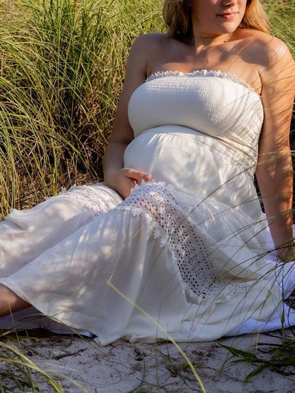 Stilla | Hvid Strand Broderi Volanger Fryns Maxi Kjoler Gravid Til Fotoshoots