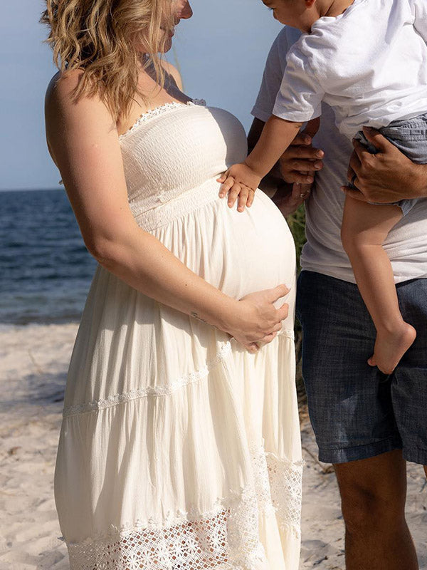 Stilla | Hvid Strand Broderi Volanger Fryns Maxi Kjoler Gravid Til Fotoshoots