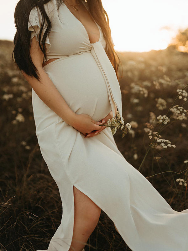 Stilla | Beige Boemia Type Delt Flæser Papillon Maternity Kjoler Til Fotoshoots