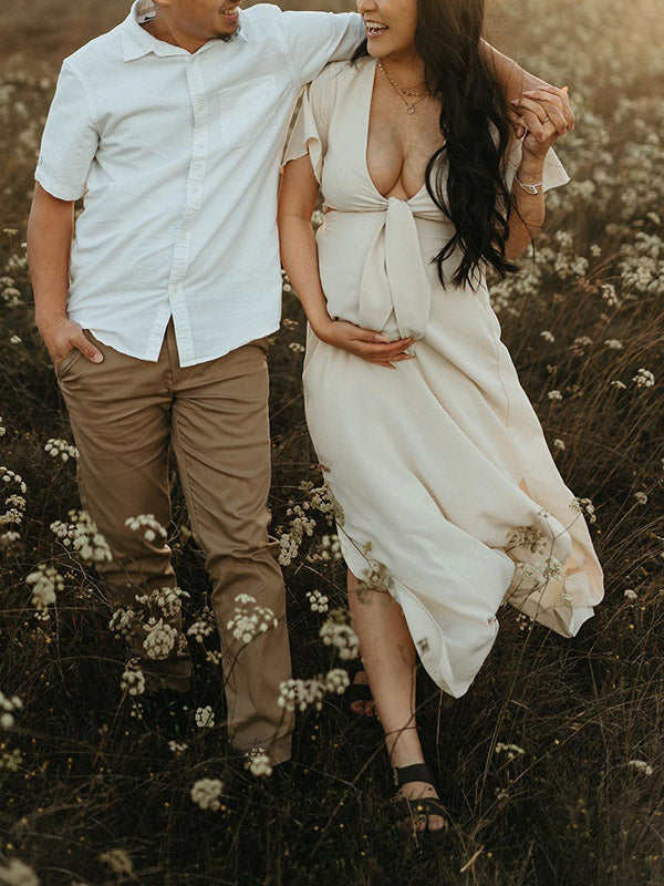 Stilla | Beige Boemia Type Delt Flæser Papillon Maternity Kjoler Til Fotoshoots