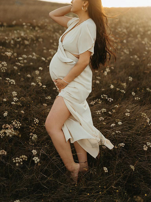 Stilla | Beige Boemia Type Delt Flæser Papillon Maternity Kjoler Til Fotoshoots