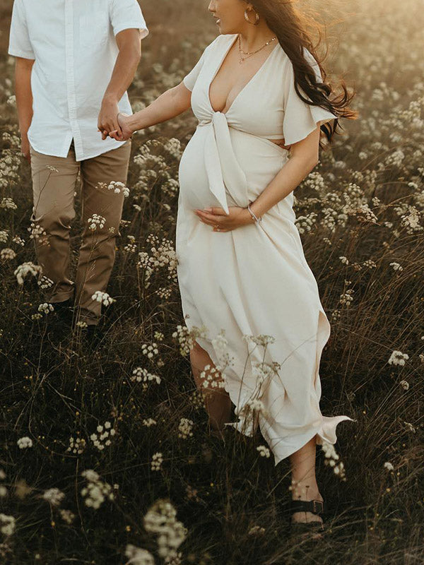 Stilla | Beige Boemia Type Delt Flæser Papillon Maternity Kjoler Til Fotoshoots
