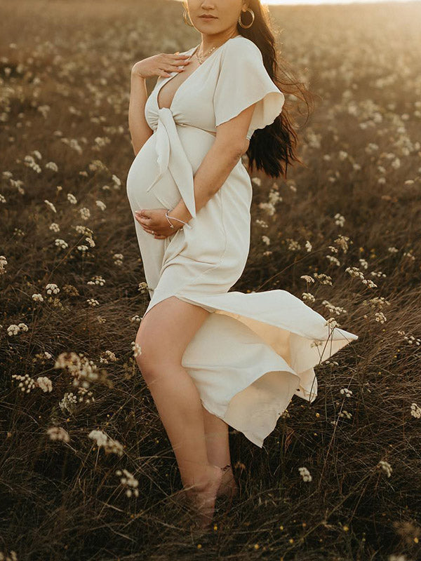 Stilla | Beige Boemia Type Delt Flæser Papillon Maternity Kjoler Til Fotoshoots