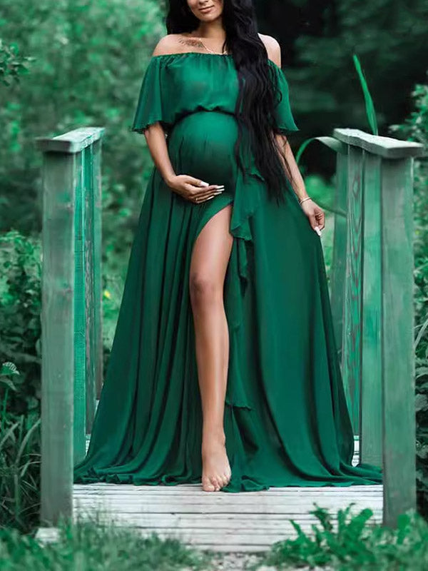 Stilla | Enkeltfarve Uregelmæssig Side Udskæring Flæser Bådhals Maxi Graviditetskjoler Til Fotoshoots