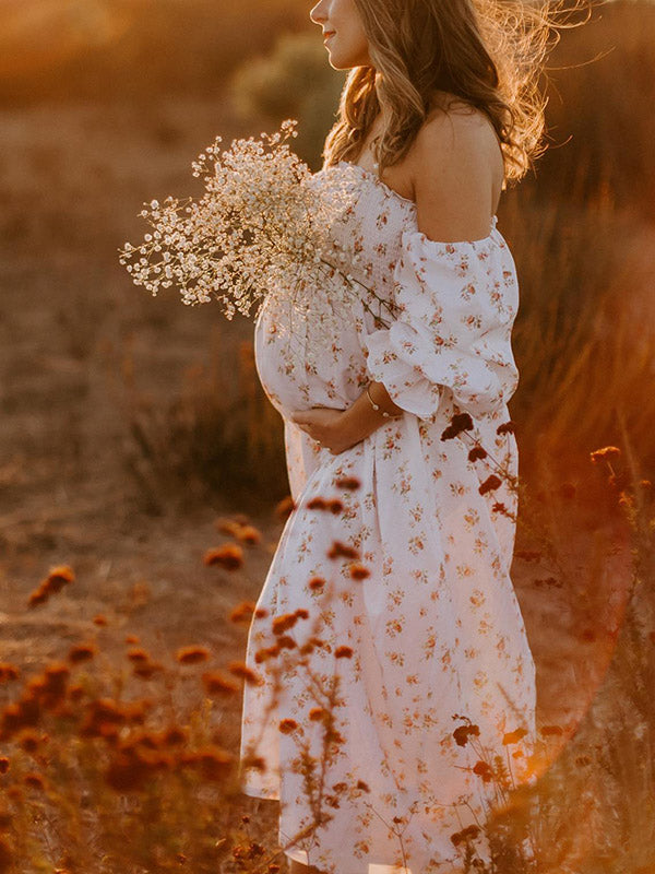 Stilla | Gravidkjoler Lang Nederdel Blomsterfald Plisseret Elegante Bådudskæring Kjoler Til Fotoshoots