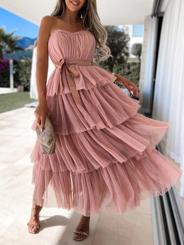 Stilla | Ensfarvet Elegante Chiffon Flæser Med Bælte Uden Ryg Maxi Kjoler Graviditetsceremoni