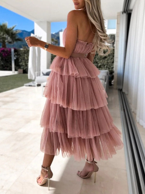 Stilla | Ensfarvet Elegante Chiffon Flæser Med Bælte Uden Ryg Maxi Kjoler Graviditetsceremoni