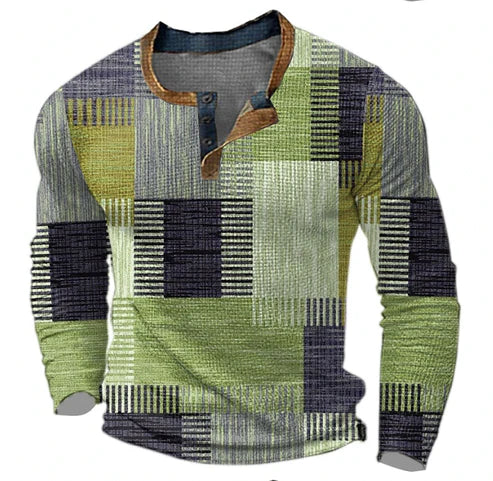 Stilla | Patchwork Striktrøje - Moderne Henley-Stil til Efterår & Vinter