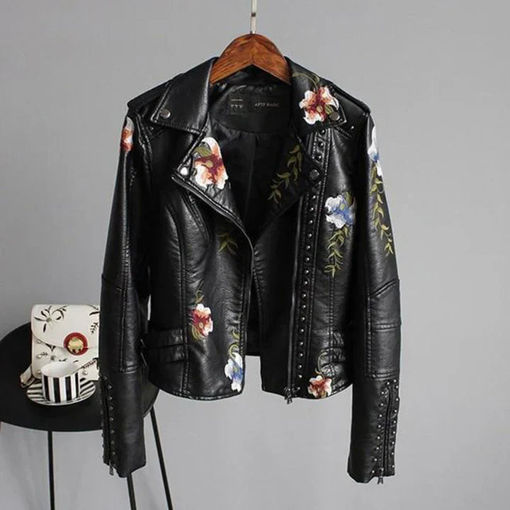 Stilla | Bikerjakke Taljeret pasform Blomsterbroderi Nitte detaljer Letvægts