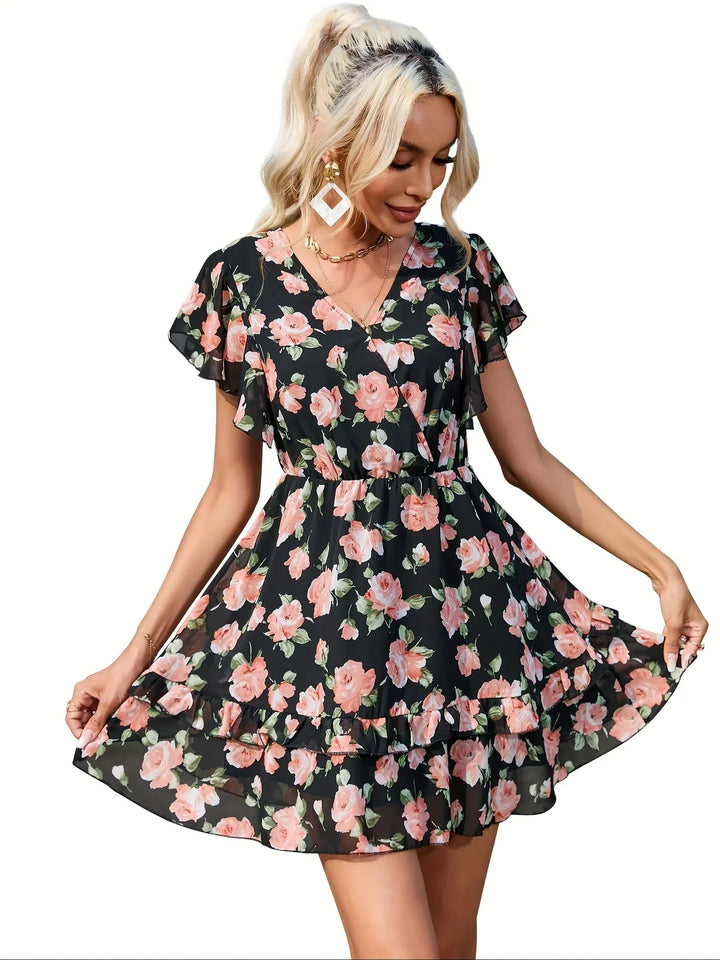 Stilla | Elegant Blomster Mini Kjole Med Flæser Og Spids Udskæring