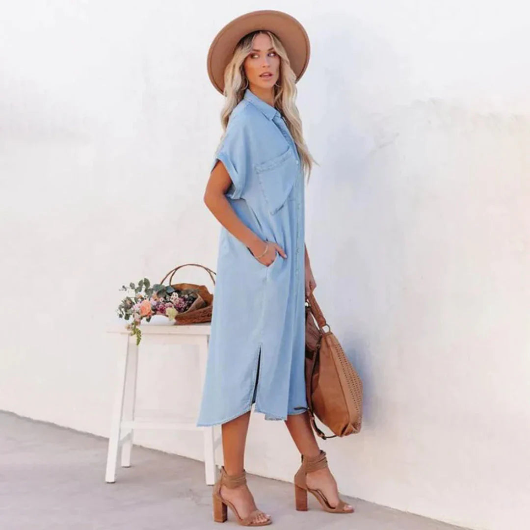 Stilla | Afslappet Knapned Denim Midi Kjole