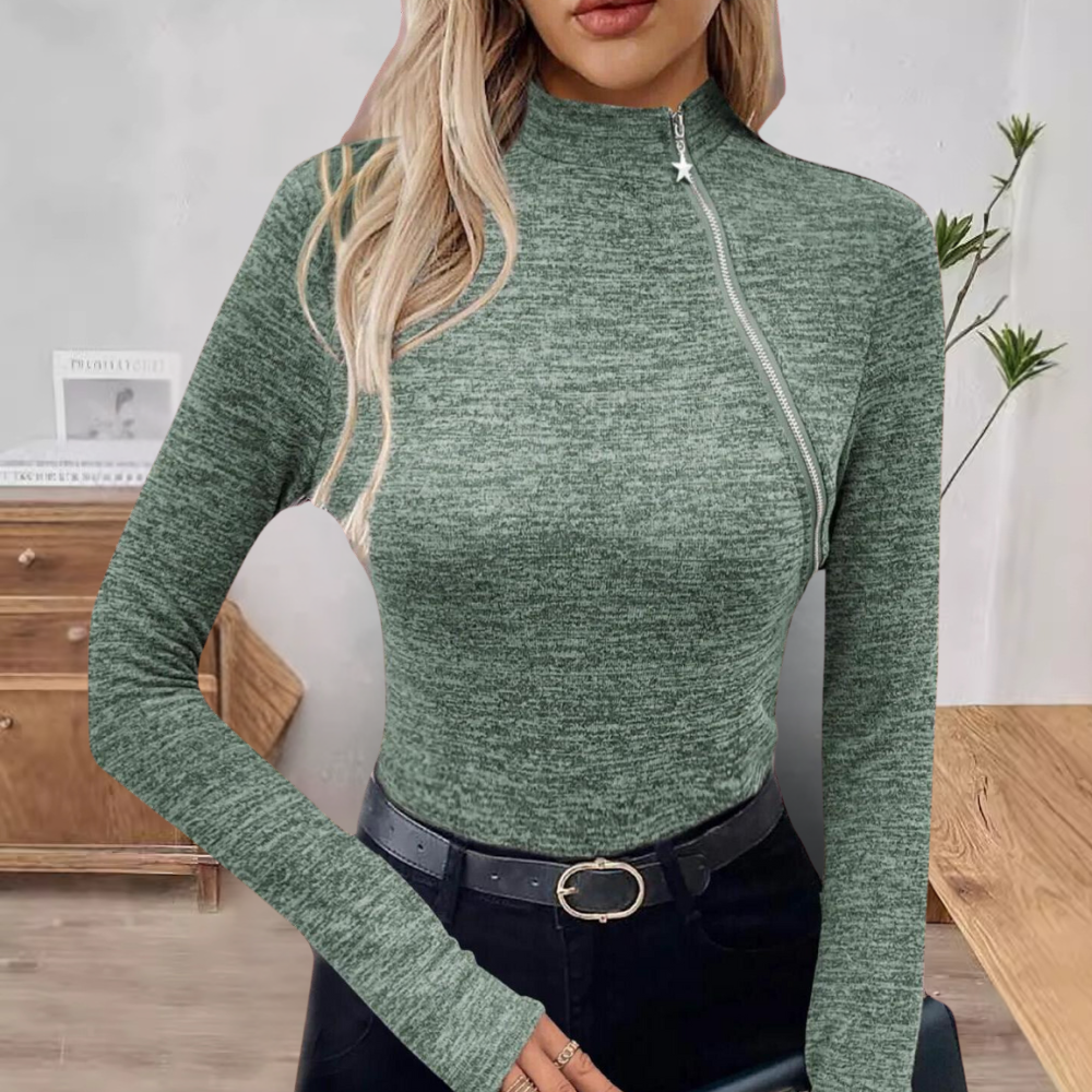 Stilla | Sofistikeret Skrå Lynlås Pullover til Kvinder