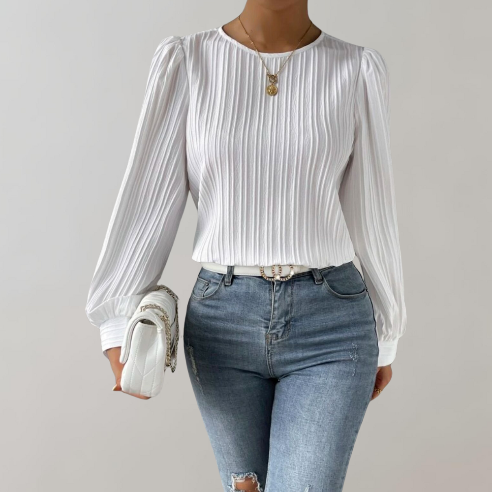 Stilla | Elegant Damebluse med Rundhalset og Lange Ærmer
