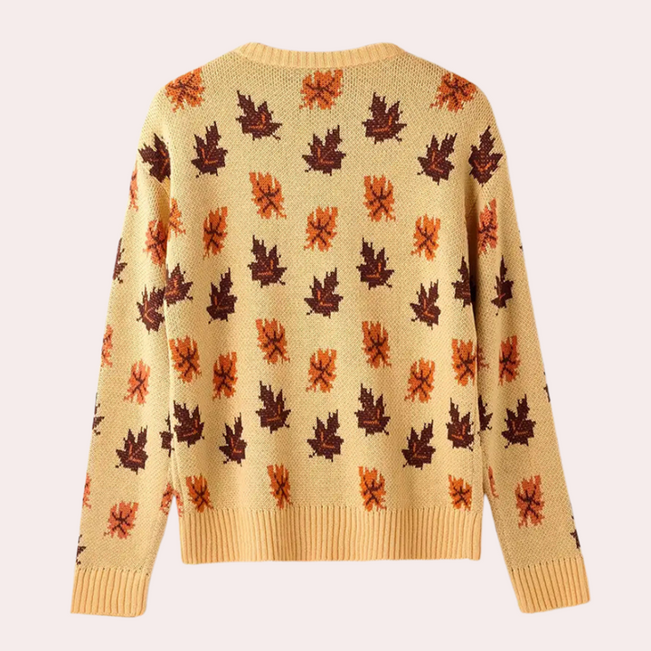 Stilla | Striktrøje Bladmønster Rundhalset Langærmet Ribkanter