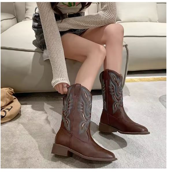 Skovae | Western stil støvler dame med spids tå og blokhæl, cowboy støvler dame