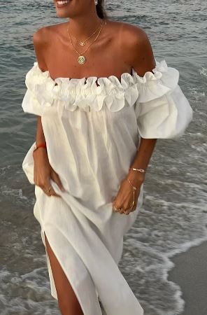 Stilla | Off-the-shoulder Midi Kjole Med Flæser Og Puff Ærmer Og Lommer