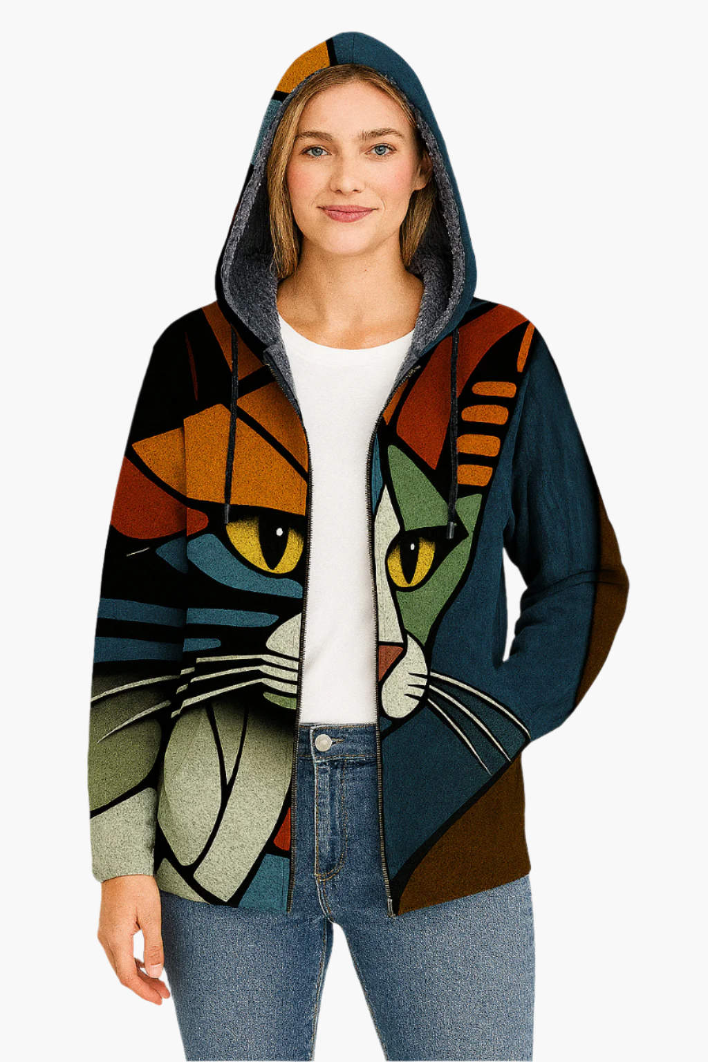 Stilla | Hættetrøje med Kunstnerisk Kattemotiv - Moderne Fritidsjakke til En Unik Look
