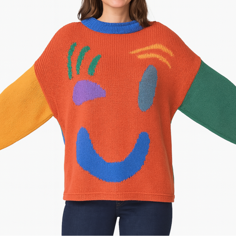 Stilla | Strikpullover I Kunstnerstil - Behagelig Fritidsjumper med Abstrakt Ansigtmønster