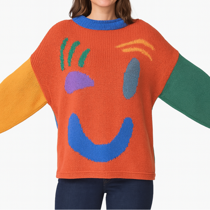 Stilla | Strikpullover I Kunstnerstil - Behagelig Fritidsjumper med Abstrakt Ansigtmønster