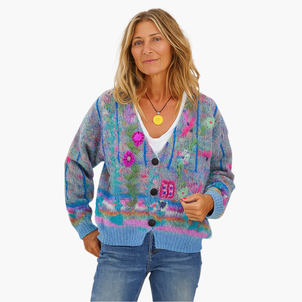 Stilla | Strikjakke I Boho-Stil med Florale Accenter - Behagelig, Modisk Cardigan til Fritid Og Hverdag