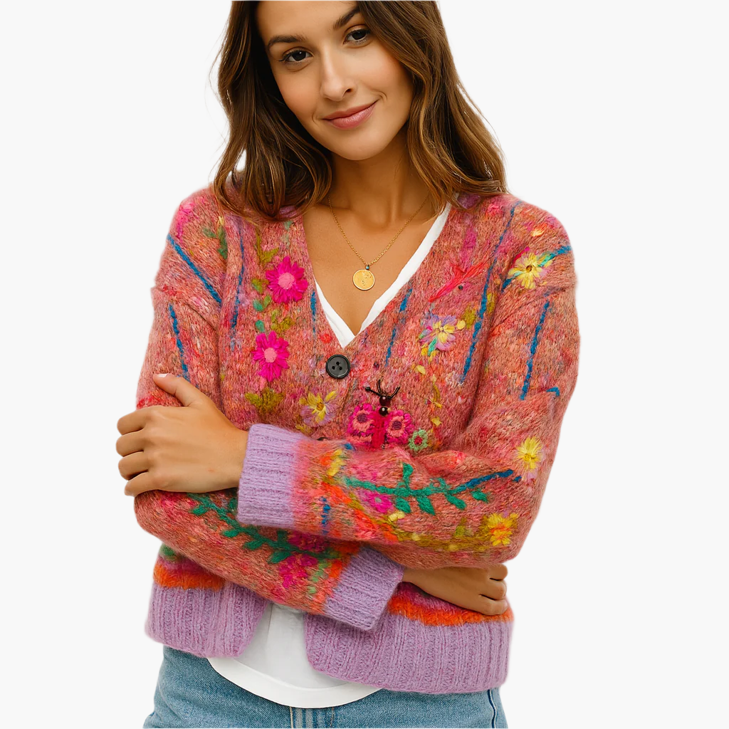 Stilla | Strikjakke I Boho-Stil med Florale Accenter - Behagelig, Modisk Cardigan til Fritid Og Hverdag