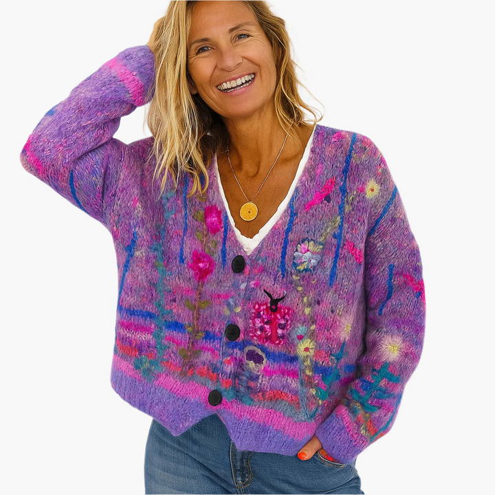 Stilla | Strikjakke I Boho-Stil med Florale Accenter - Behagelig, Modisk Cardigan til Fritid Og Hverdag