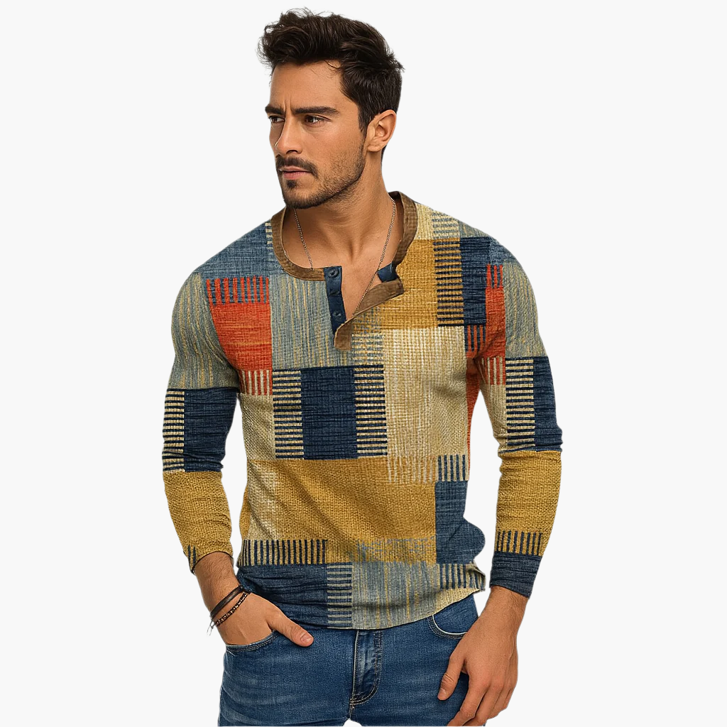 Stilla | Patchwork Striktrøje - Moderne Henley-Stil til Efterår & Vinter