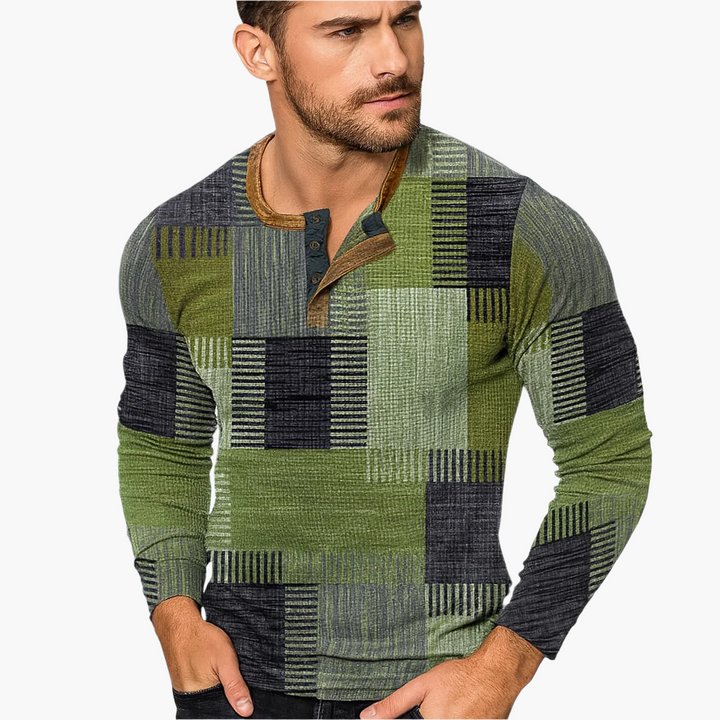 Stilla | Patchwork Striktrøje - Moderne Henley-Stil til Efterår & Vinter