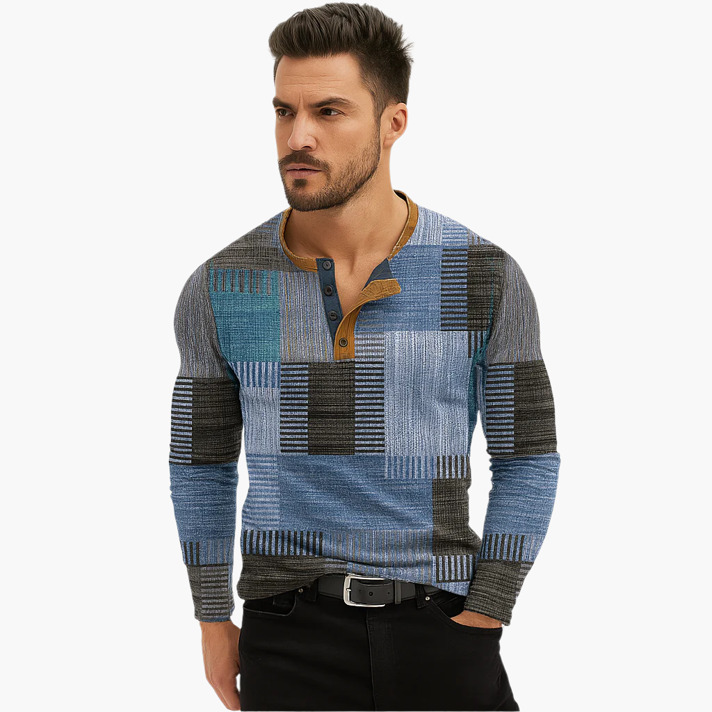 Stilla | Patchwork Striktrøje - Moderne Henley-Stil til Efterår & Vinter