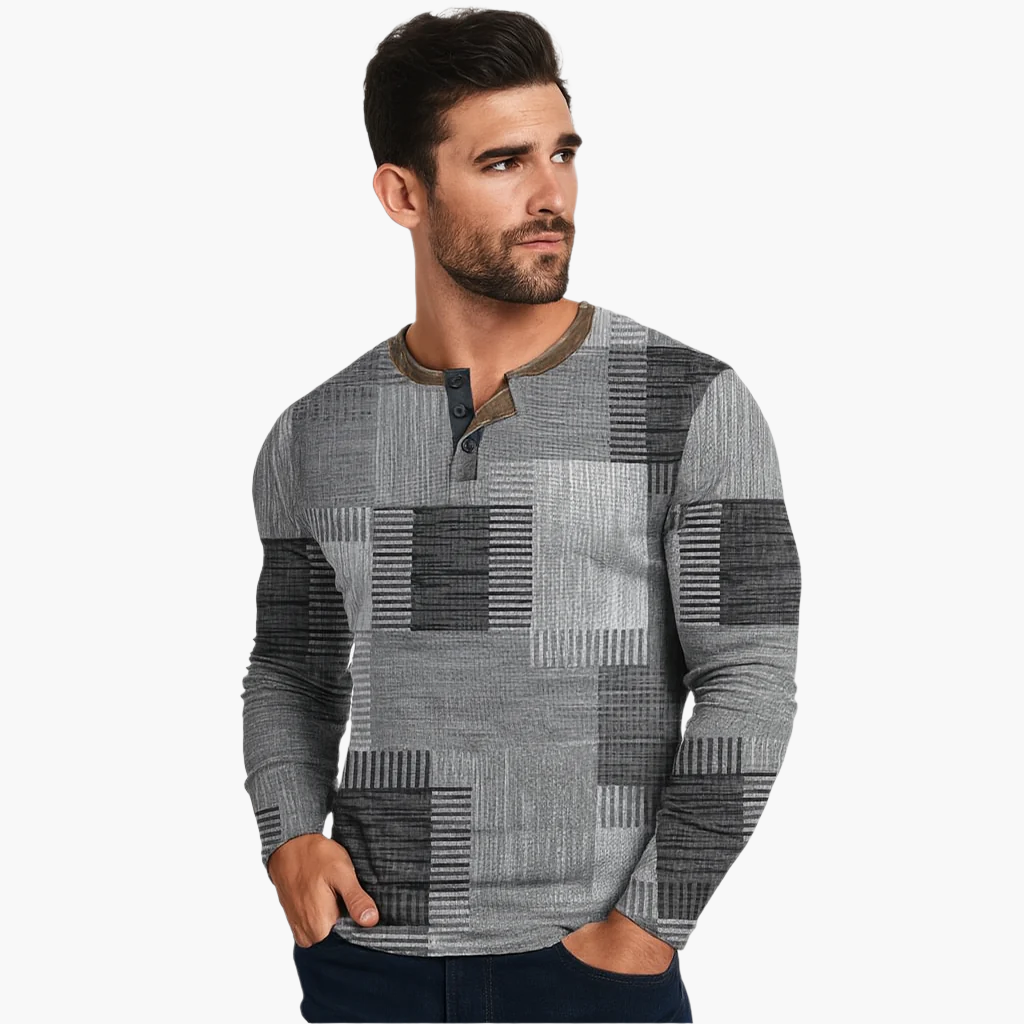 Stilla | Patchwork Striktrøje - Moderne Henley-Stil til Efterår & Vinter