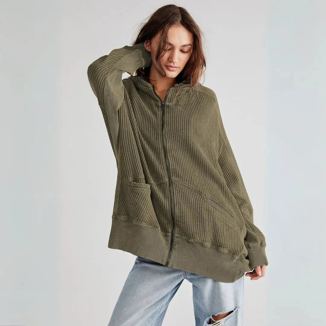 Stilla | Overdimensioneret Vaffel-Strik Zip-Hoodie